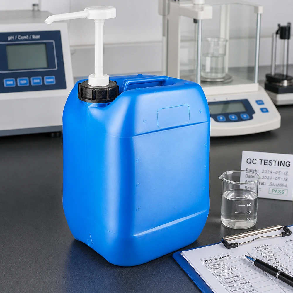 Bidon 10 litros azul con bomba dosificadora Bidón azul de 10 litros con bomba dosificadora en el laboratorio, junto al medidor de pH y la balanza analítica