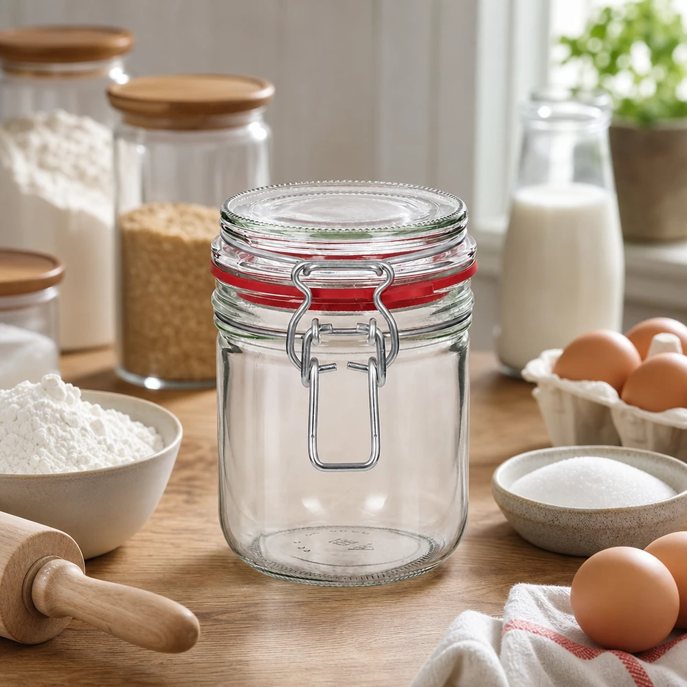 Tarro de cristal de 400 ml, tipo G, con cierre de clip UN.. Robusto tarro de cristal transparente de 400 ml con tapa abatible para organizar la cocina moderna