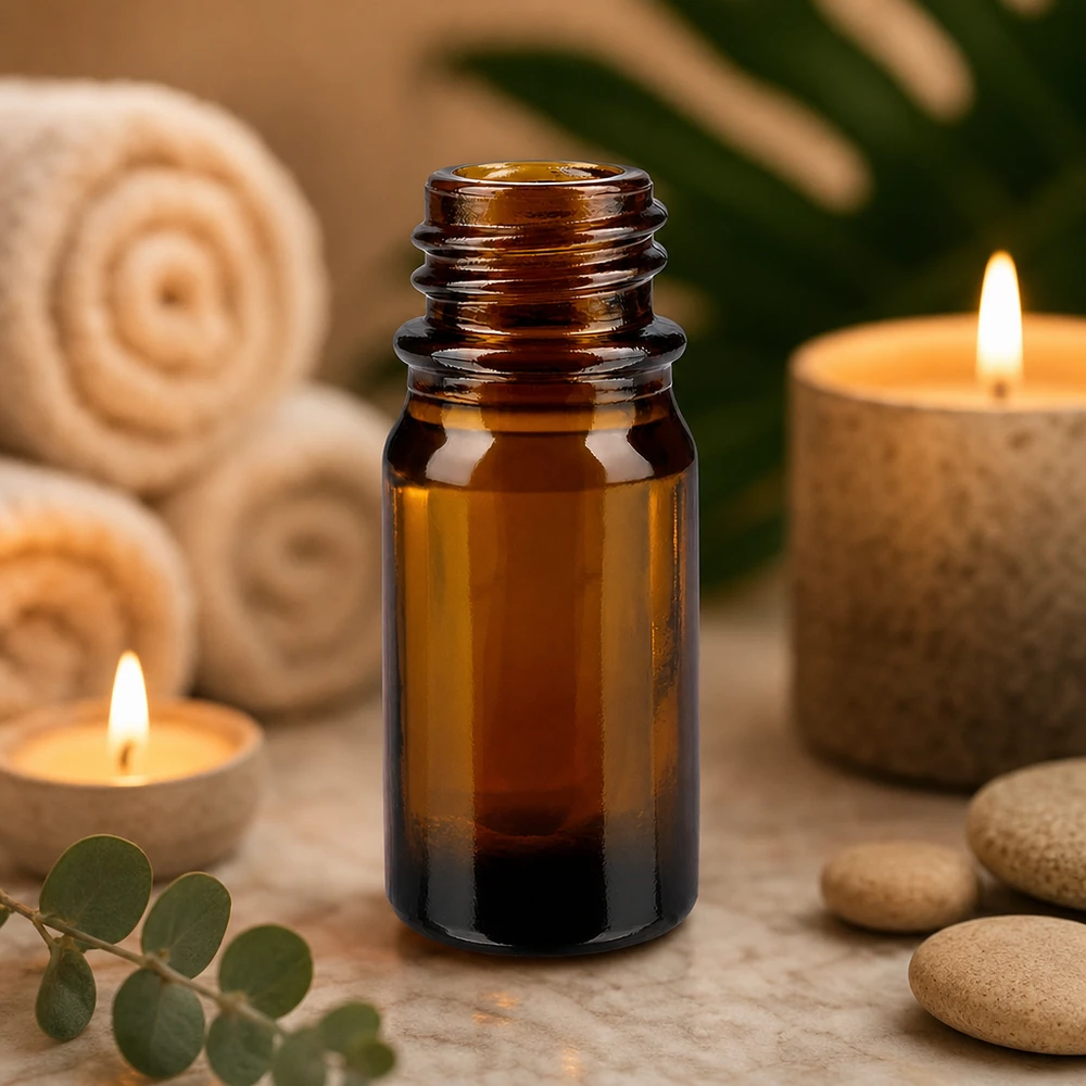 Frasco de farmacia ApoGlas marrón de 5 ml con piedras de eucalipto y velas encendidas para una aromaterapia relajante