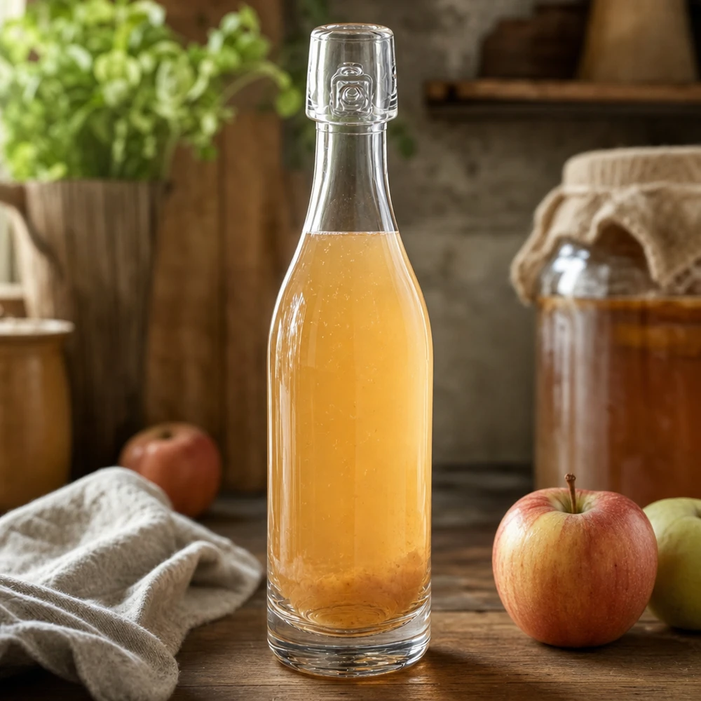 Botella de cristal de 50ml UNiTWIST llena de zumo de manzana junto a manzanas frescas escena de cocina rústica fondo de madera