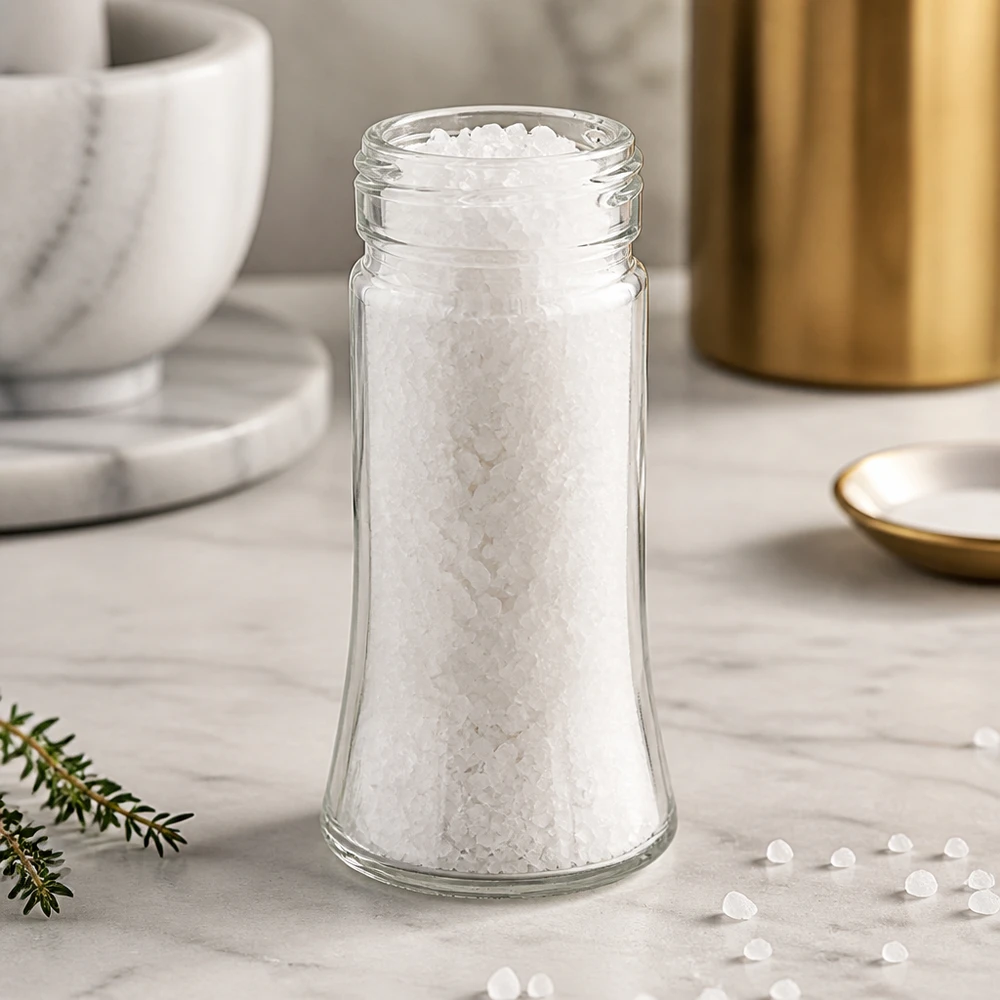 Vaso de cristal Bobby de 95 ml, lleno de sal marina gruesa, sobre una superficie de mármol blanco