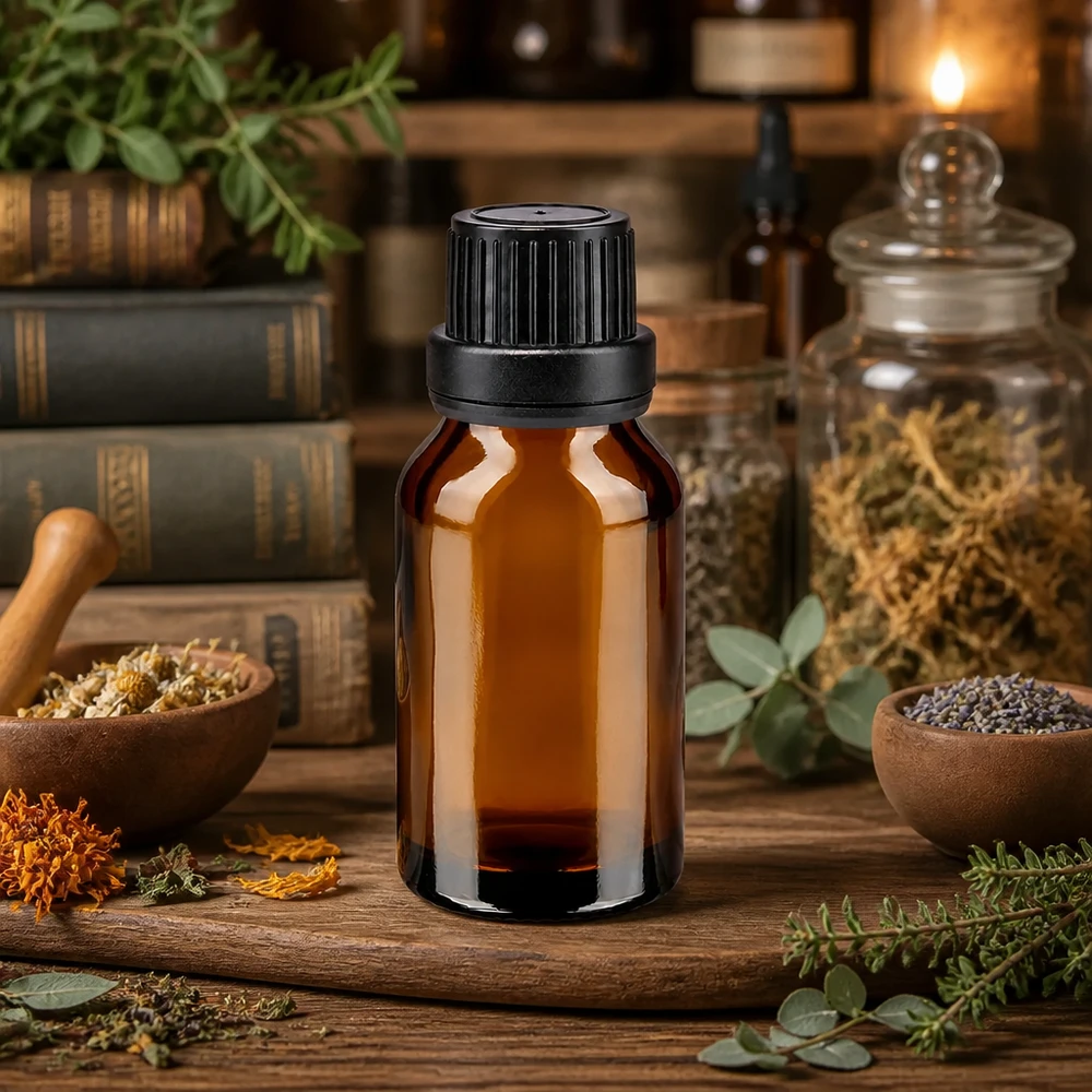 Frasco de farmacia marrón de 15 ml con tapón de rosca negro, rodeado de hierbas medicinales y flores secas