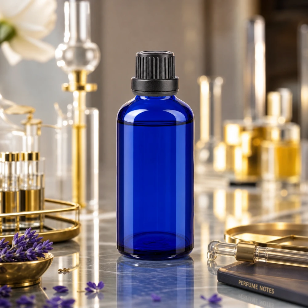 Botella de farmacia azul 50ml tapón cuentagotas anillo vertedor 2mm cierre inviolable negro Frasco de farmacia azul cobalto de 50 ml con tapón de rosca negro sobre una superficie de mármol en un entorno de laboratorio