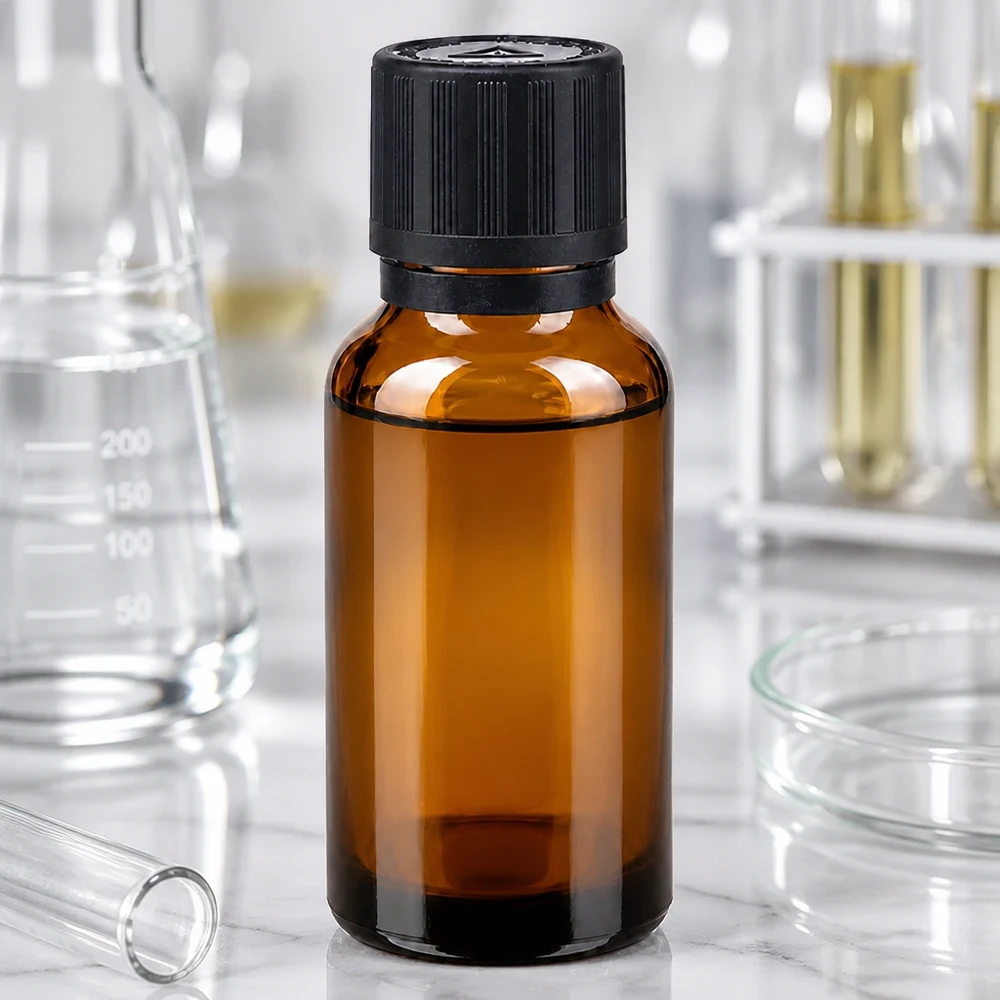 Botella de farmacia marrón 20ml tapón cuentagotas anillo vertedor 1mm negro cierre de seguridad para niños símbolo de advertencia ciego tapón con precinto de seguridad Frasco cuentagotas de vidrio ámbar de 20 ml con tapón de rosca negro y material de vidrio de laboratorio al fondo