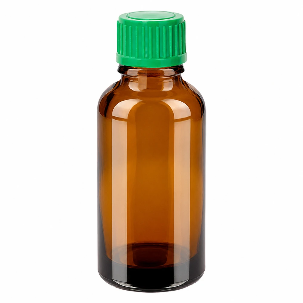 Frasco cuentagotas de 30 ml 0,8 mm verde Cierre estándar BrownLine UT18/30 Frasco cuentagotas de vidrio ámbar de 30 ml con tapón verde para una dosificación precisa