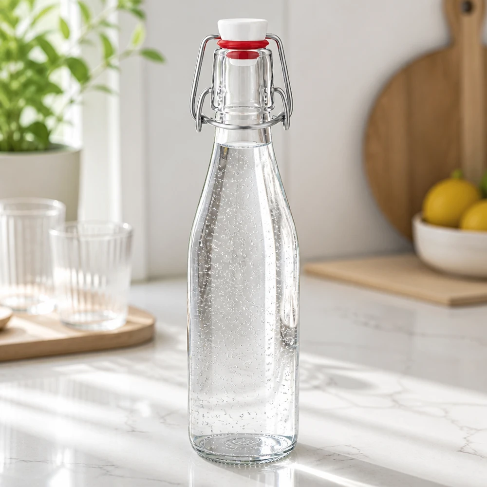 Botella de cristal de 250 ml con tapa oscilante llena de agua mineral, encimera de cocina moderna de mármol con vasos