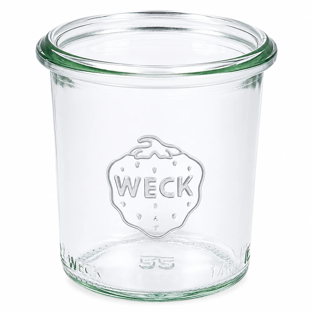 Vasos de 140 ml WECK RR60 Tarro de cristal transparente WECK RR60 de 140 ml con logotipo WECK y anillo de cierre verde para conservar