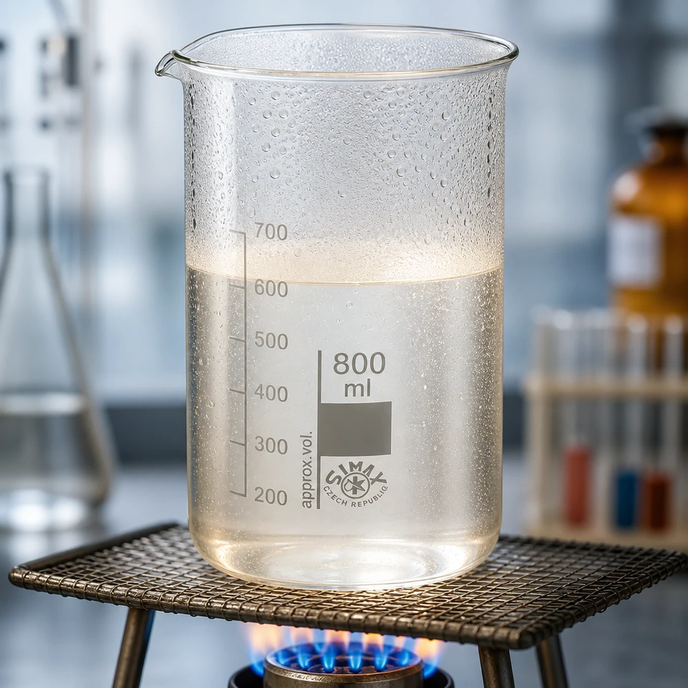 Vaso de precipitados de 800 ml, de forma alta, calentado sobre un mechero Bunsen con un líquido transparente hasta un nivel de 650 ml