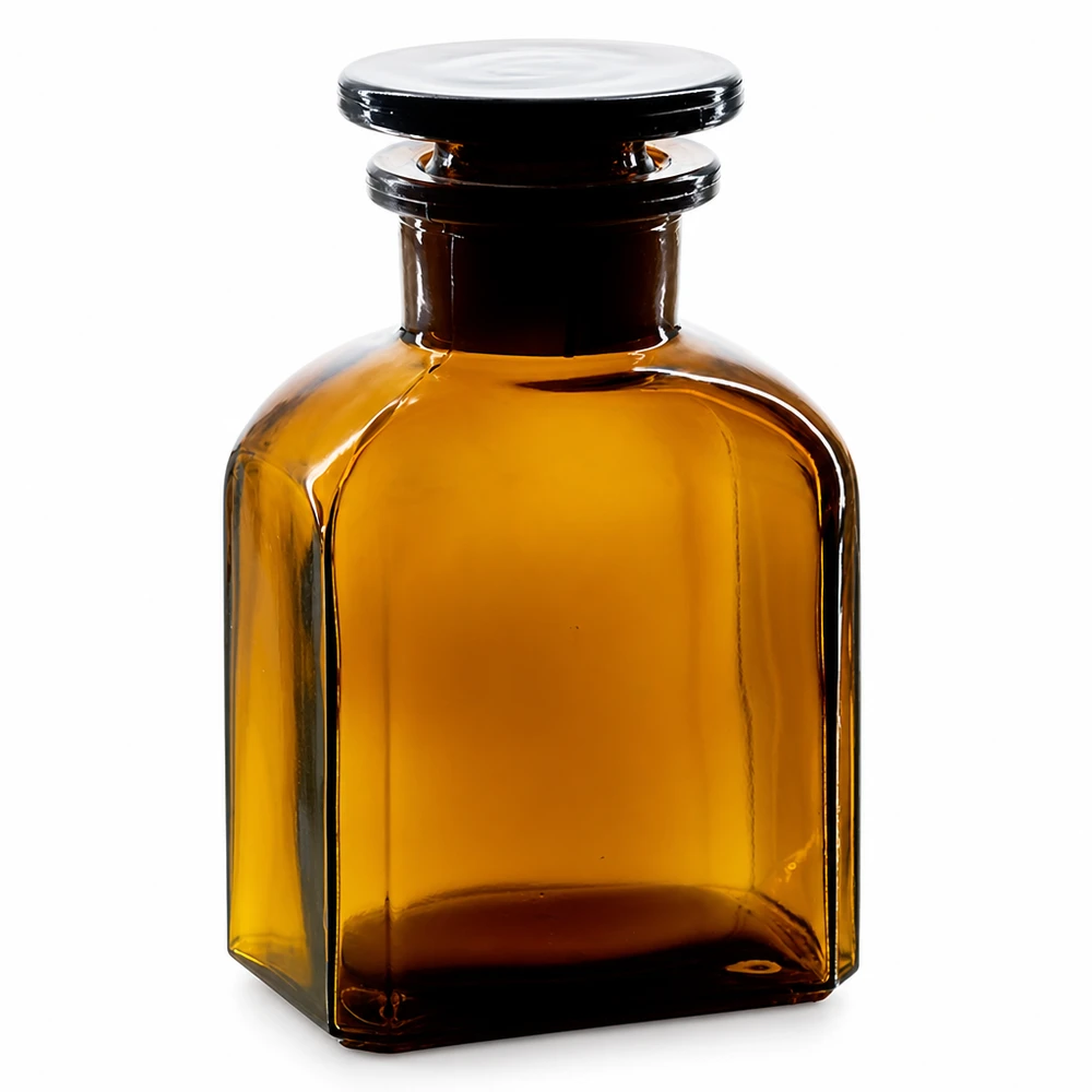 Botella cuadrada 150ml marrón cuello ancho tapón de vidrio Frasco cuadrado marrón de 150 ml con tapón de cristal, fabricado en cristal de cuello ancho de alta calidad, para laboratorio y farmacia