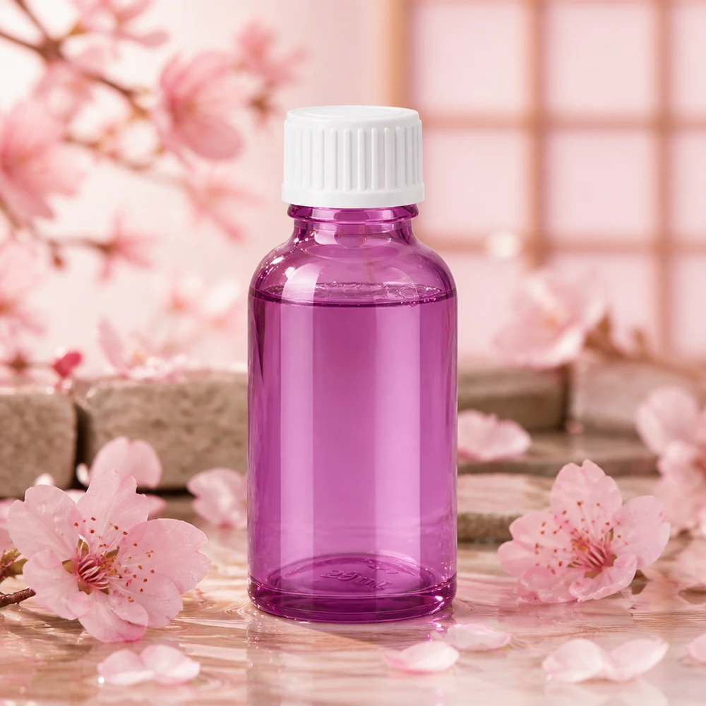 Frasco de cristal de 30 ml violeta transparente con tapón blanco para perfumes y esencias