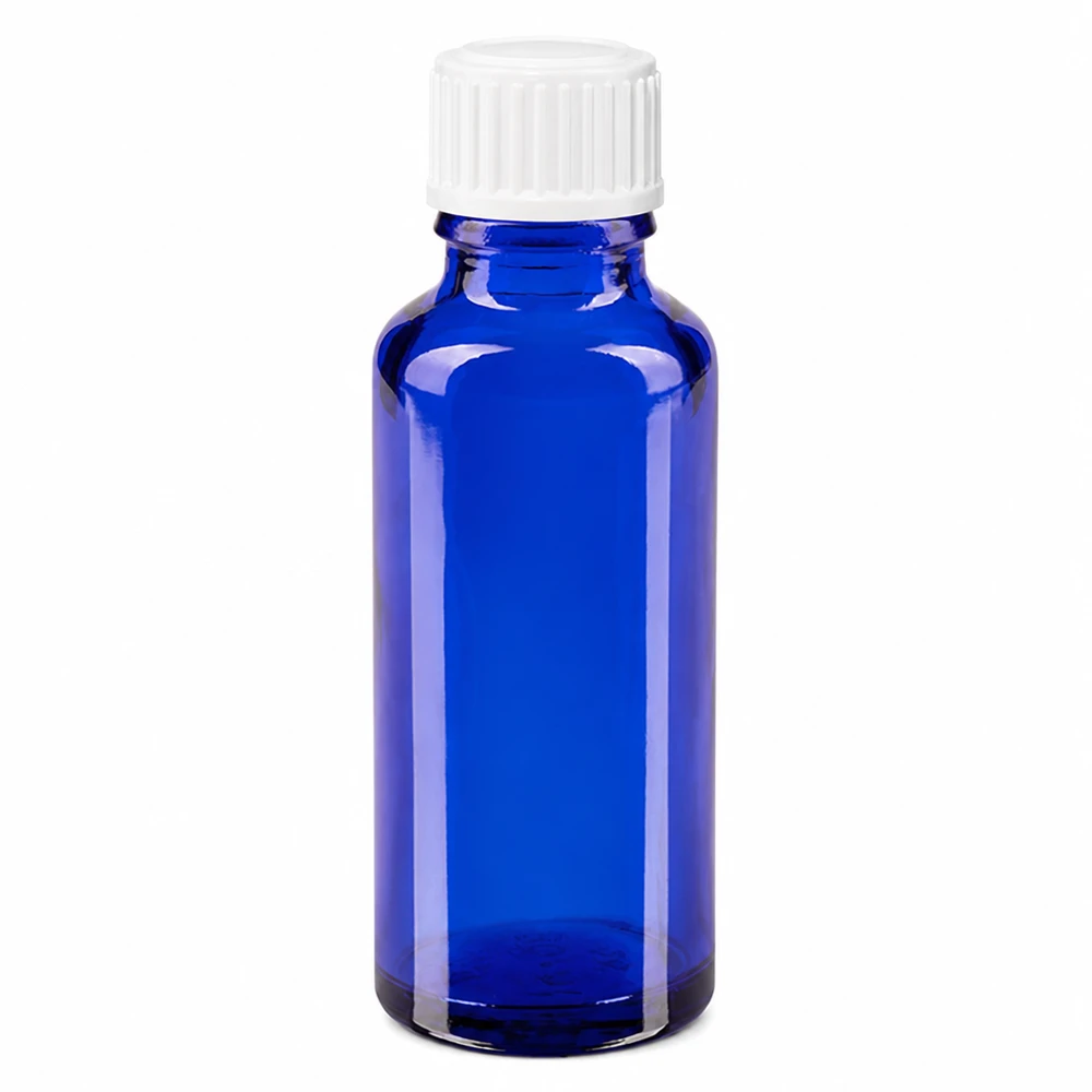 Botella de farmacia azul 30ml tapón rosca glóbulos blanco estándar Frasco de farmacia de cristal azul de 30 ml con tapón cuentagotas blanco de 3 mm para farmacia y cosmética