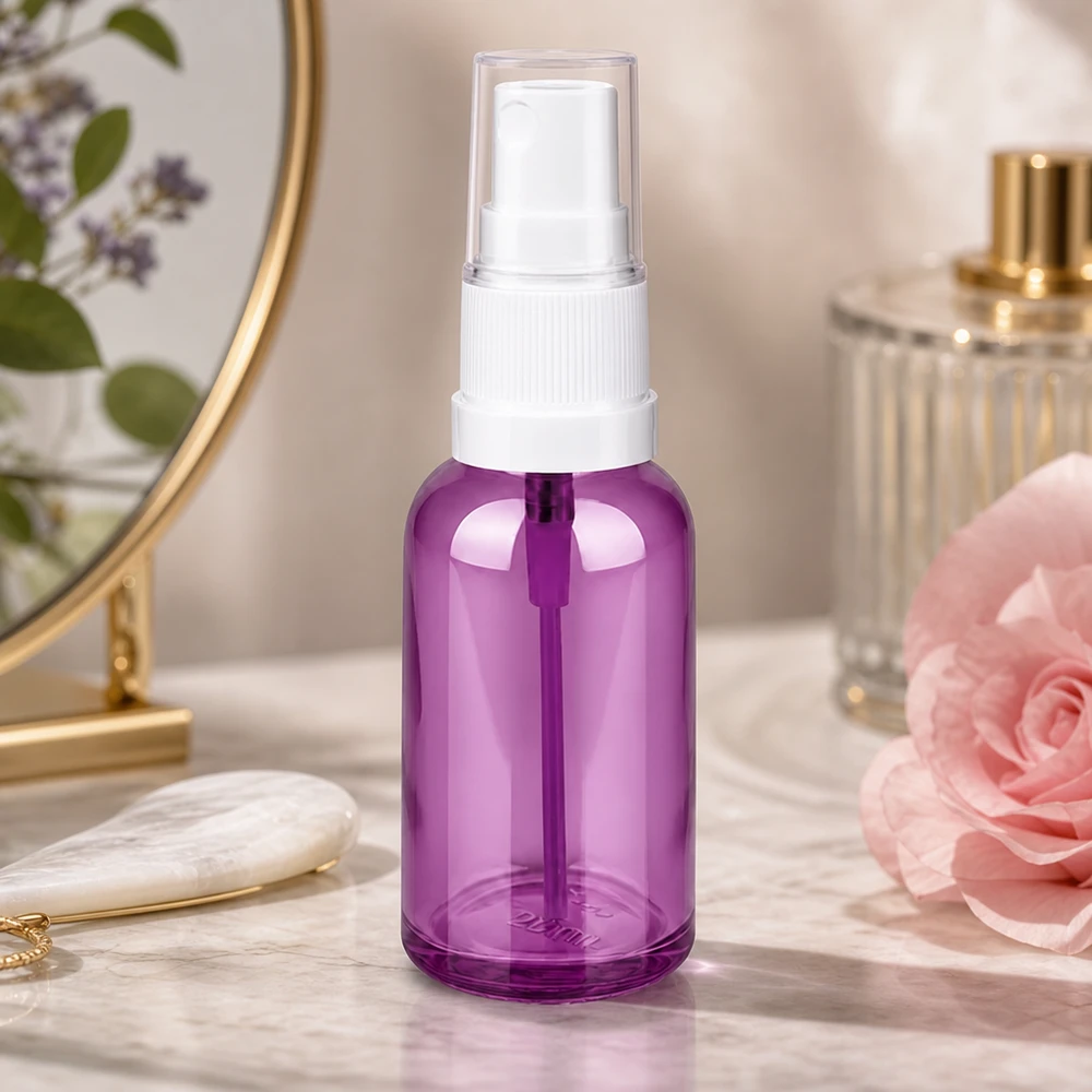 Frasco cuentagotas de 30 ml blanco/transparente Standard PurpleLine UT18/30 Botella pulverizadora púrpura transparente de 30 ml con cabezal pulverizador blanco para cosmética DIY y aromaterapia