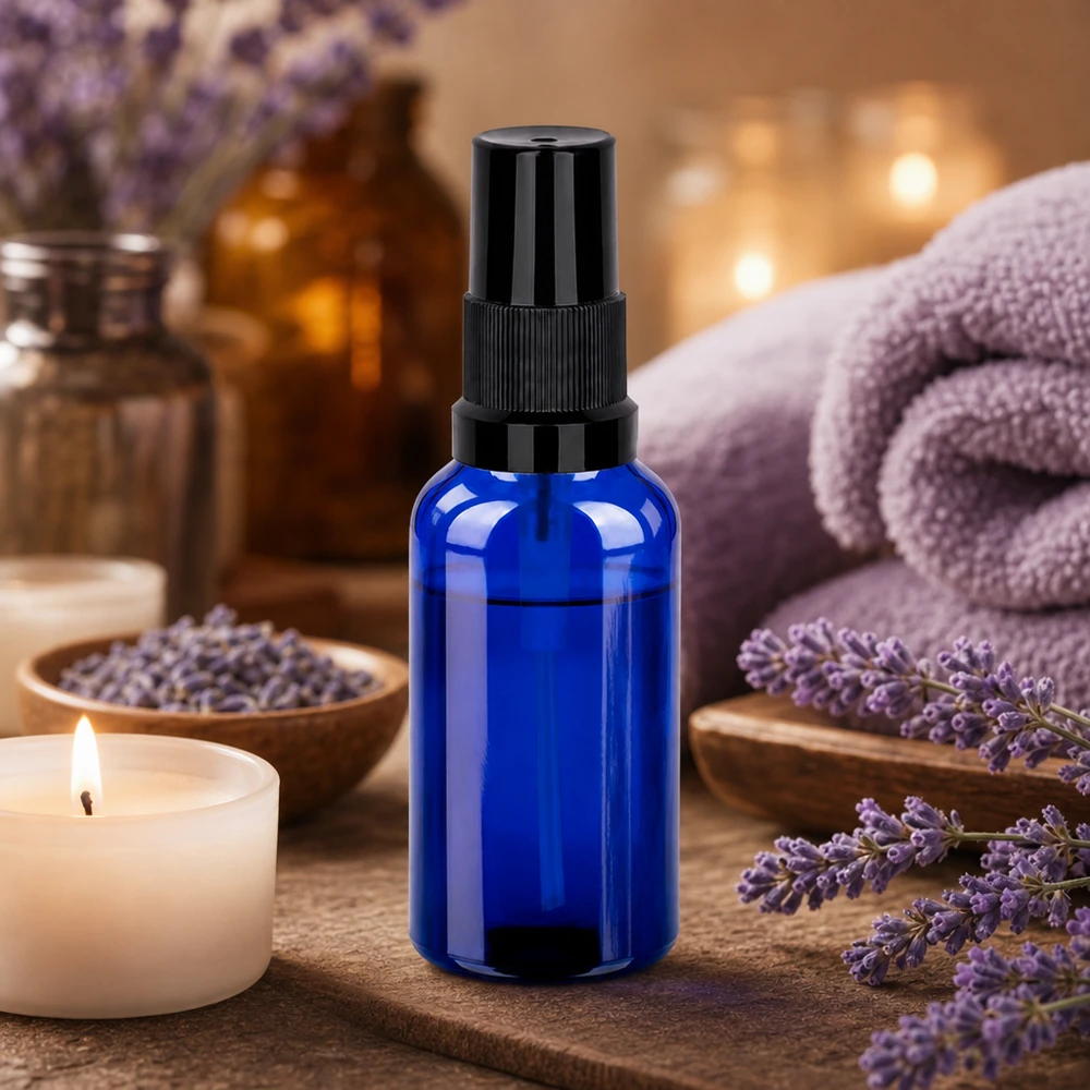 Frasco pulverizador pequeño de 30 ml en azul con accesorio pulverizador negro para cosméticos y productos de cuidado de bricolaje