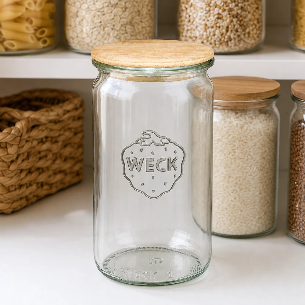 Tarro cilíndrico de 340 ml WECK RR60 con tapa de madera WECK tarro cilíndrico 340ml RR60 vacío con tapa de madera en cocina de almacenaje organizado entre tarros de almacenaje llenos