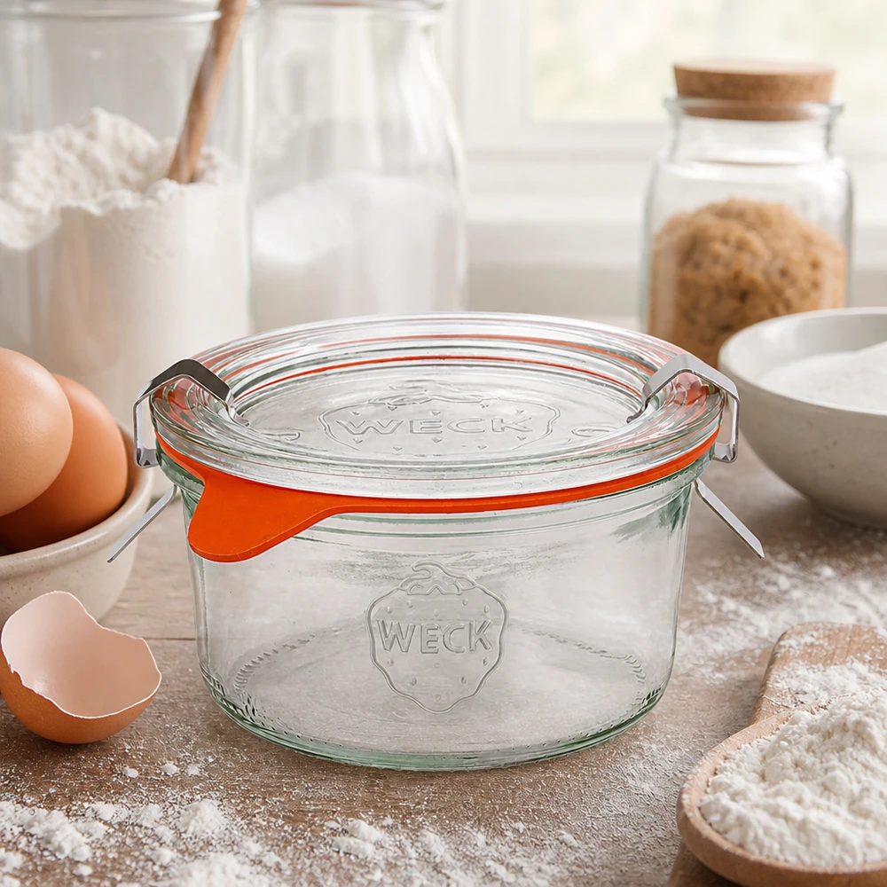 Bote de cocina WECK 165ml RR80 con ingredientes de repostería, huevos, harina y leche para recetas caseras