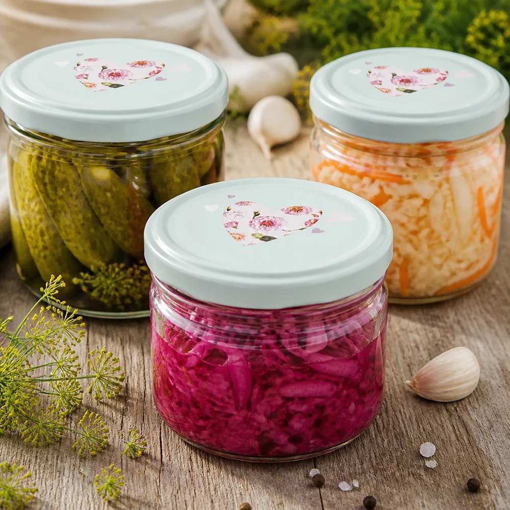 Vasos de 225 ml + tapa BasicSeal corazón menta UNiTWIST Tarro BasicSeal de 225 ml con tapa de corazón de menta con pepinillos encurtidos chucrut y zanahorias para alimentos fermentados