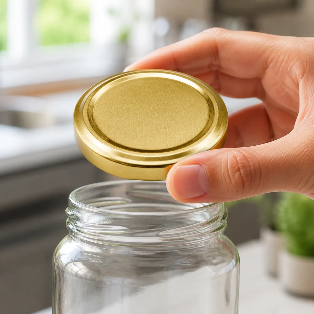 Tapa BasicSeal de 58 mm, color dorado (TO58deep) UNiTWIST Una mano coloca la tapa metálica dorada TO58deep sobre un tarro de conserva vacío en la cocina