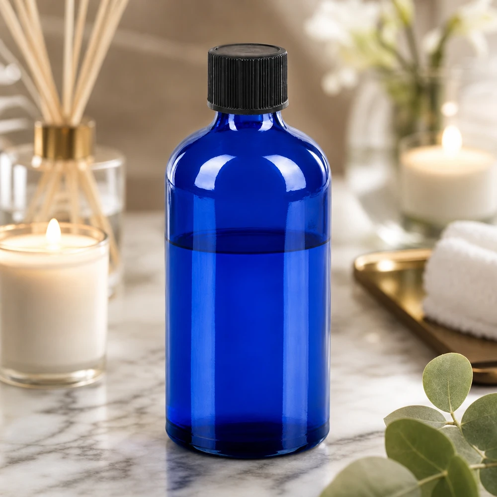 Frasco cuentagotas azul cobalto de 100 ml con tapón negro ideal para cosmética DIY y productos naturales
