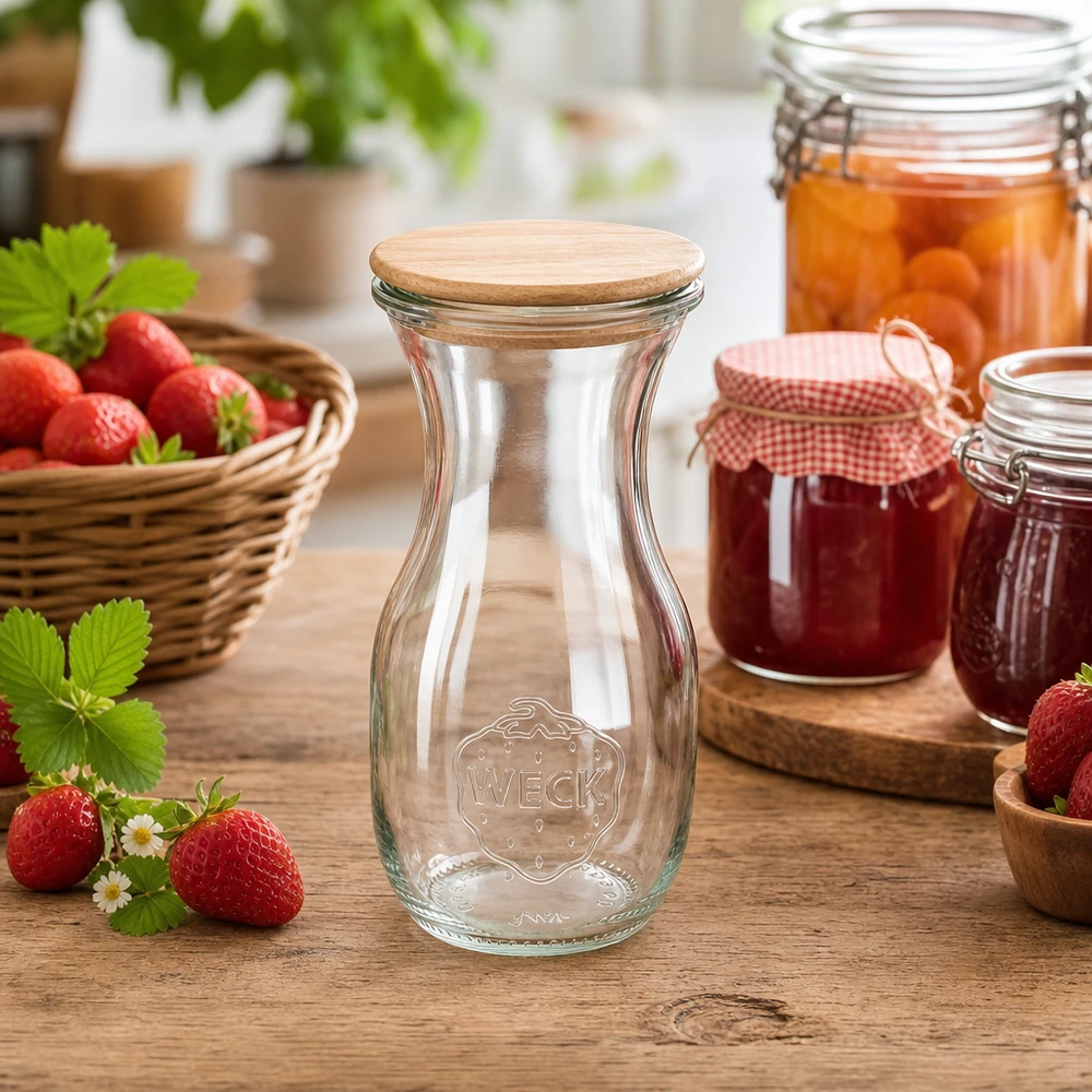 Botella de zumo de 290ml Edition RR60 con tapa de madera Botella de zumo WECK de 290 ml con tapa de madera en un entorno de cocina natural con fresas y tarros de mermelada