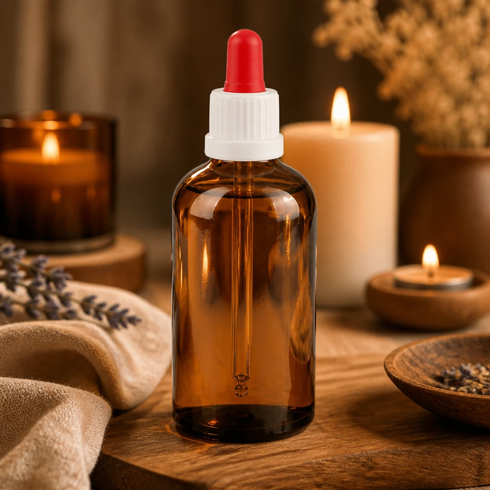 Frasco de farmacéutico de 100 ml con pipeta de vidrio ámbar clásico para un almacenamiento seguro