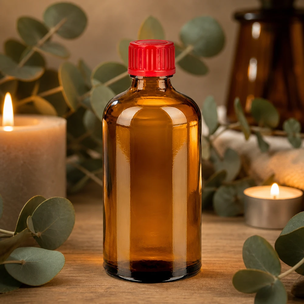 Frasco boticario pequeño de 100 ml de vidrio marrón con tapón rojo para aceites esenciales