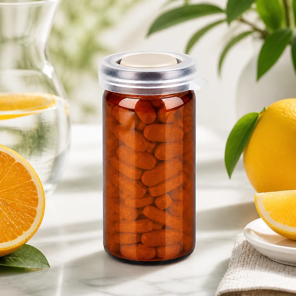 Frasco de cristal con borde enrollado de 10 ml, de color marrón, con tapa a presión, lleno de comprimidos ovalados de vitamina C de color naranja