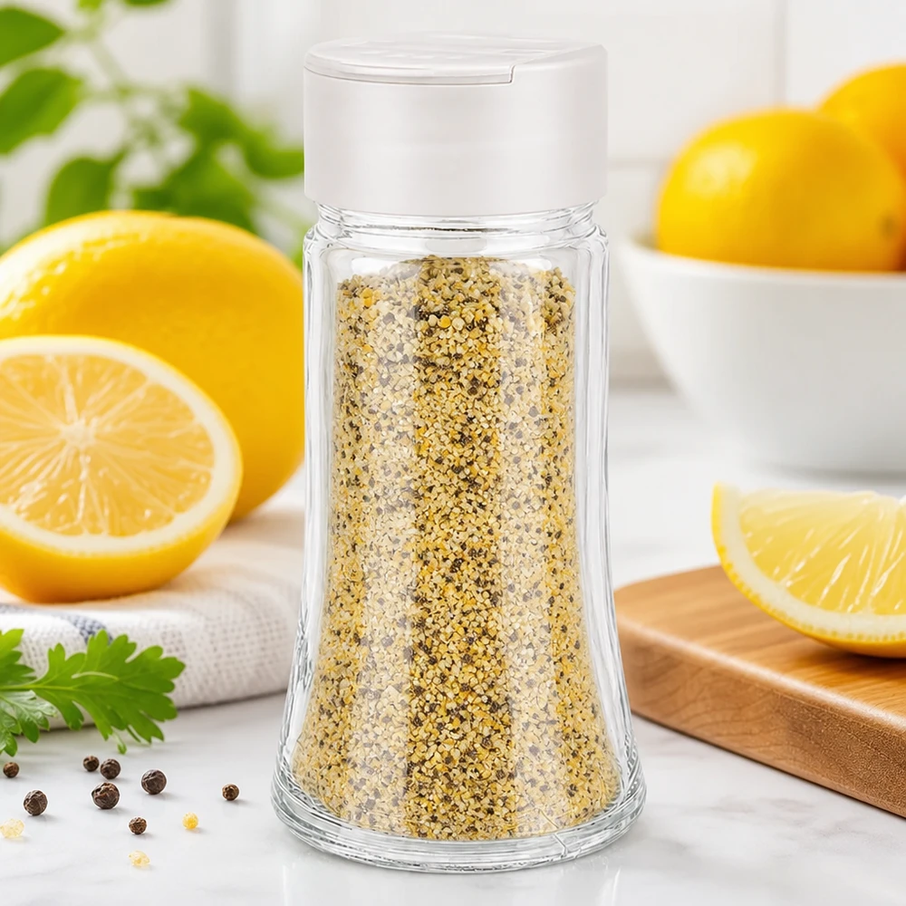 Pimienta al limón en un tarro de especias transparente de 95 ml con tapa doble para espolvorear de color blanco, con una imagen de limones frescos