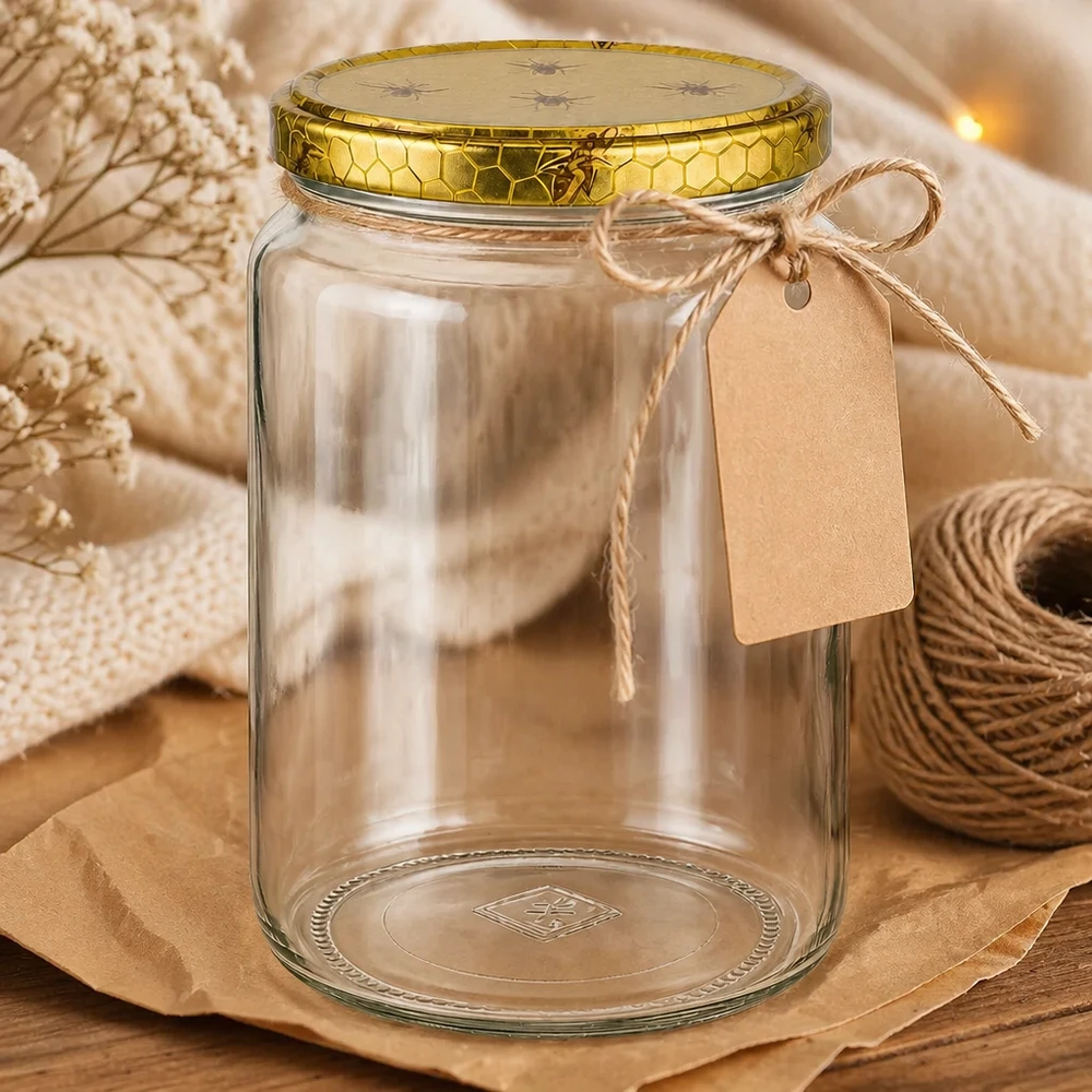 Tarro para miel de 1000 g con tapa con diseño de panal BasicSeal UNiTWIST Dekorativ präsentiertes 1000g Honigglas mit Bienenwaben-Deckel Bastschnur und Etikett auf Holztisch Geschenkidee