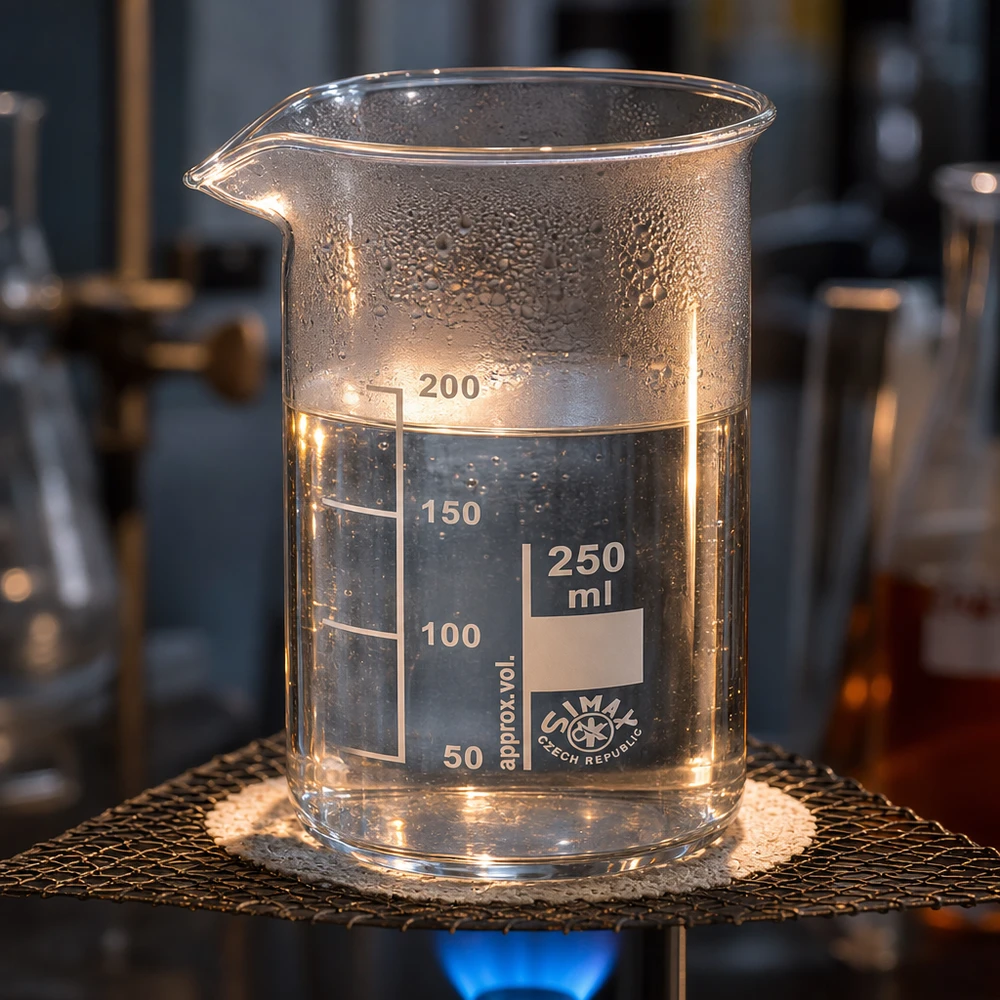 Vaso de 250 ml de vidrio borosilicato, alto Vaso de precipitados de 250 ml, de forma alta, colocado sobre una rejilla metálica sobre un mechero Bunsen mientras se calienta en el laboratorio de química