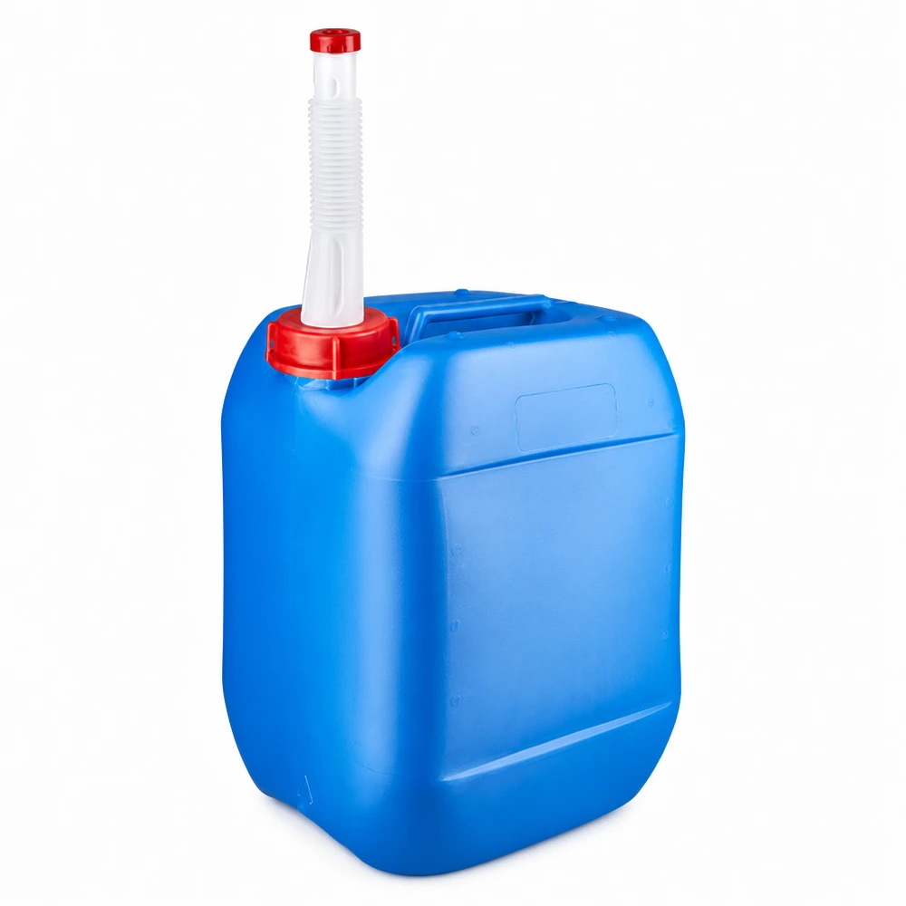 Bidón de plástico azul de 10 litros con tubo de salida flexible y tapón de rosca rojo