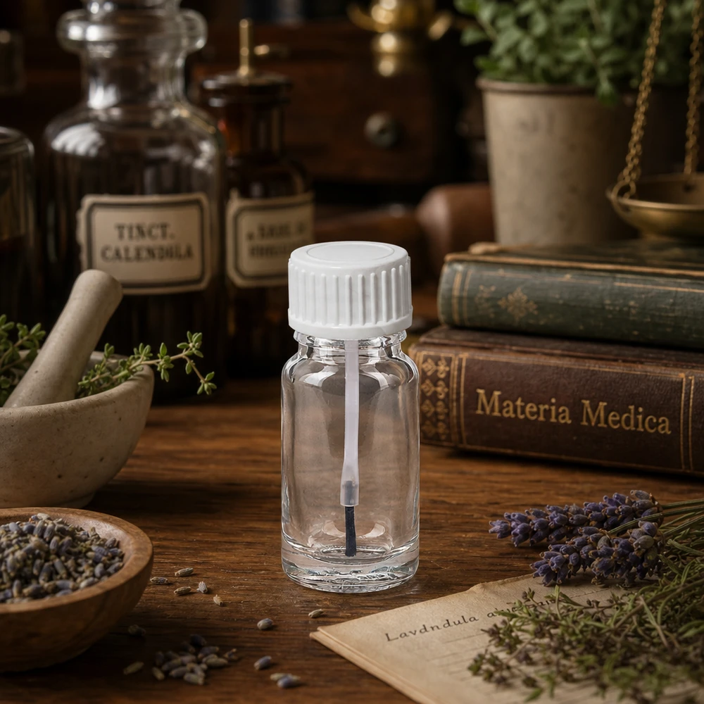 Frasco pincel 10ml blanco tapón estándar ClearLine UT18/10 Pequeño frasco de cristal de 10 ml con aplicador de pincel en un entorno típico de farmacia, con lavanda y materia médica