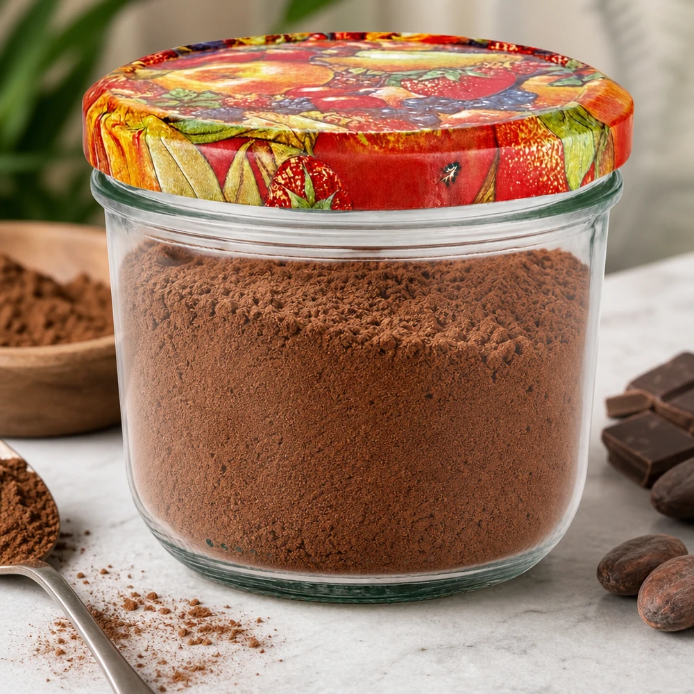 Vasos de 230 ml rellenos de cacao en polvo y tapa decorativa de frutas BasicSeal de colores rodeados de chocolate y cacao