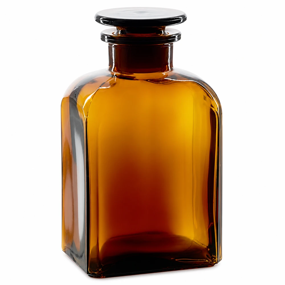 Botella cuadrada de 500 ml, marrón, de cuello ancho, con tapón de cristal, fabricada en cristal de laboratorio de alta calidad