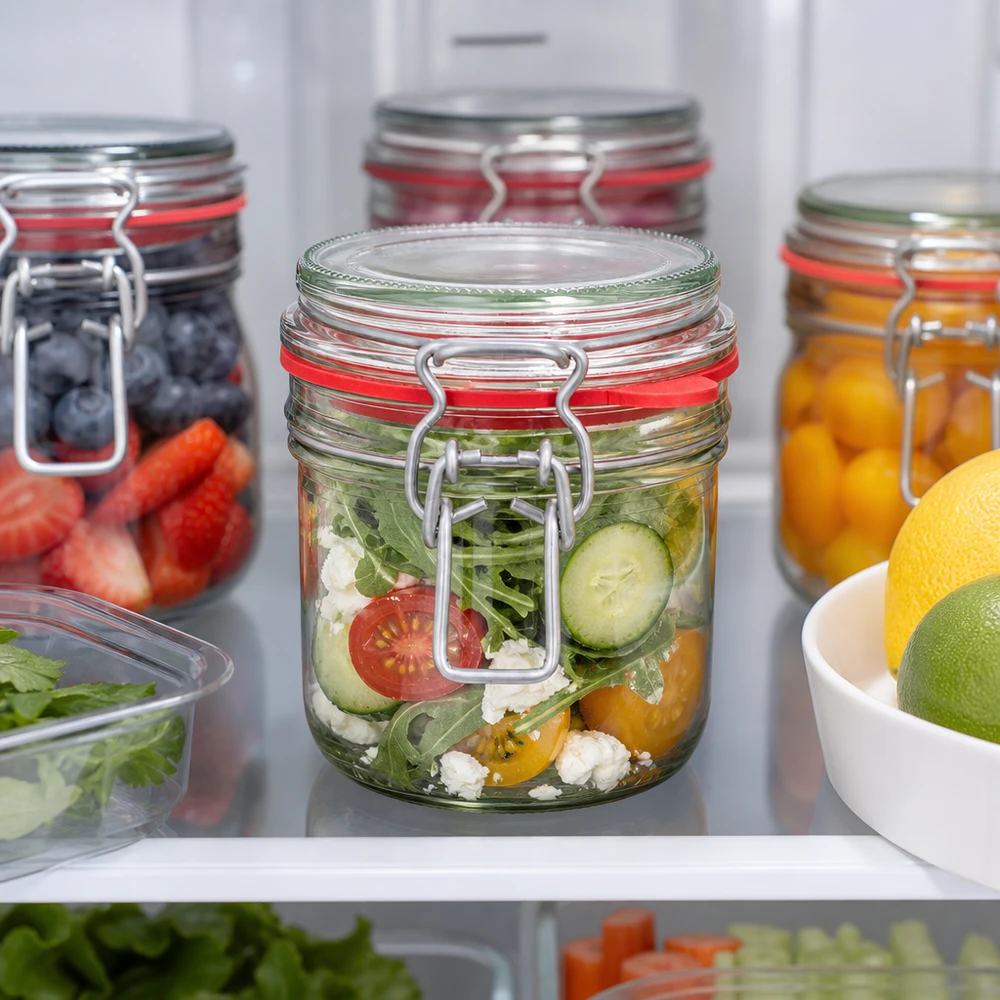Tarro de cristal de 255 ml, tipo G, con cierre de clip UN... 255ml Vorratsglas mit Bügelverschluss im Kühlschrank mit frischem Salat gefüllt neben anderen Meal-Prep-Gläsern