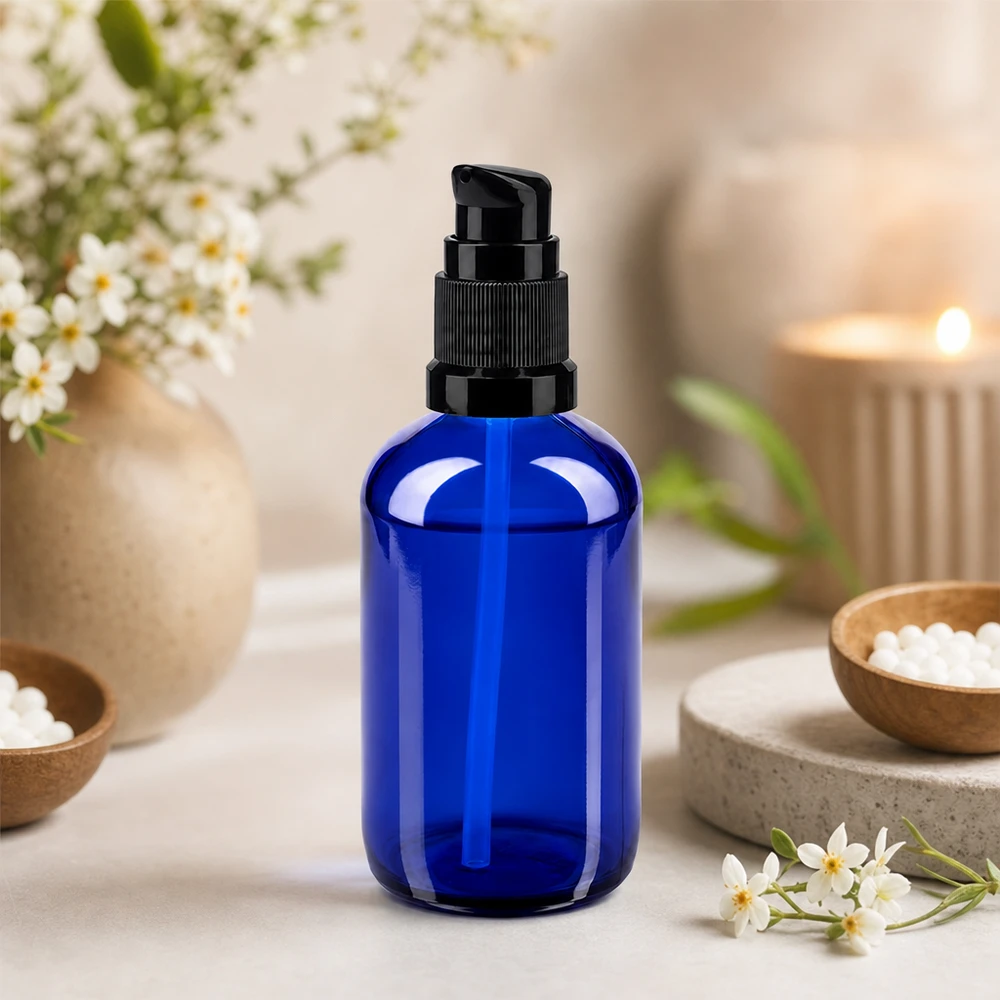 Botella de farmacia azul 100ml tapón bomba negro estándar Frasco cilíndrico con dosificador de 100 ml, de cristal de farmacia azul cobalto con dosificador negro