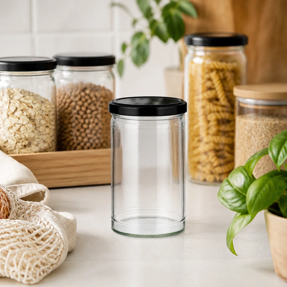 Tarro de cristal vacío de 1053 ml con tapa negra en cocina de residuos cero con tarros de almacenamiento y materiales sostenibles