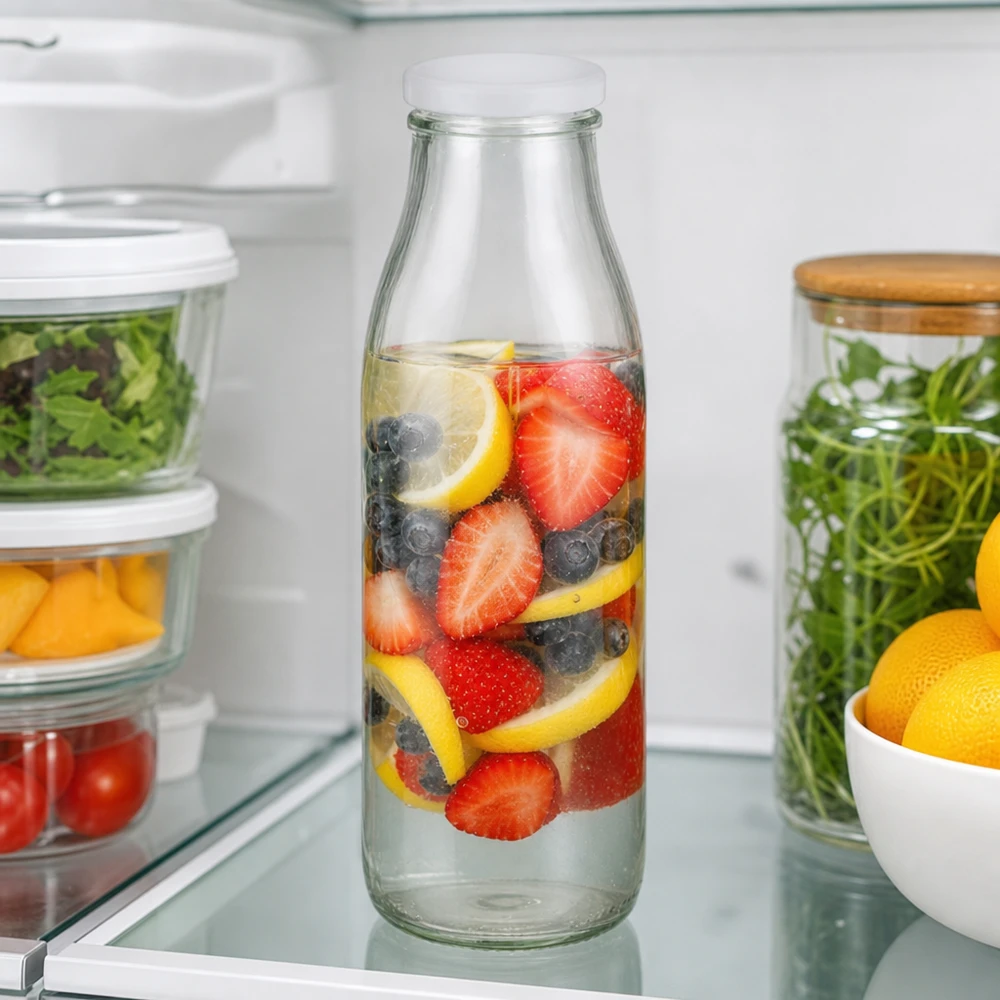 Botella de cristal de 500 ml con tapa BasicSeal llena de agua con infusión de bayas y limón en la nevera entre comida y comida fresca