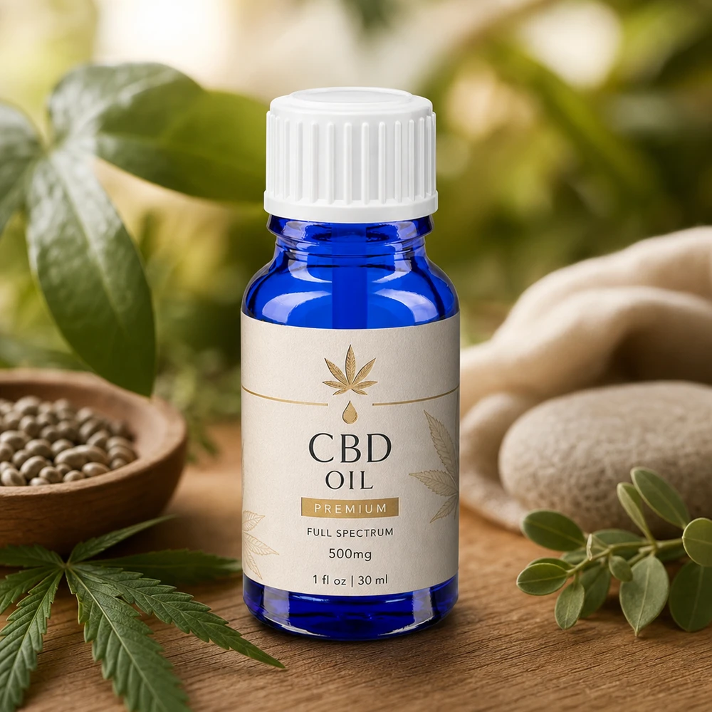 Frasco de farmacia azul de 10 ml con aplicador de pincel blanco para una aplicación uniforme del aceite de CBD
