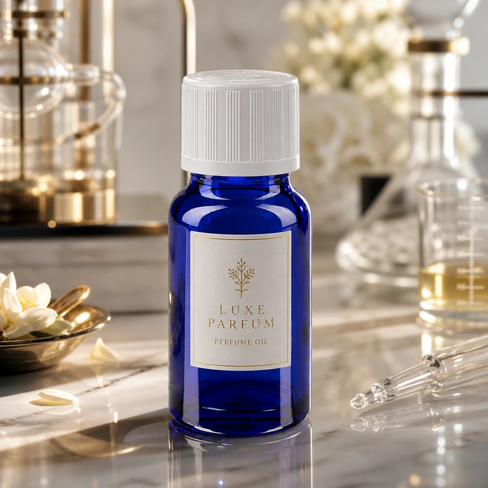 Aceite perfumado Luxe Parfum en frasco cuentagotas azul cobalto de 10 ml con tapón de seguridad para niños de color blanco