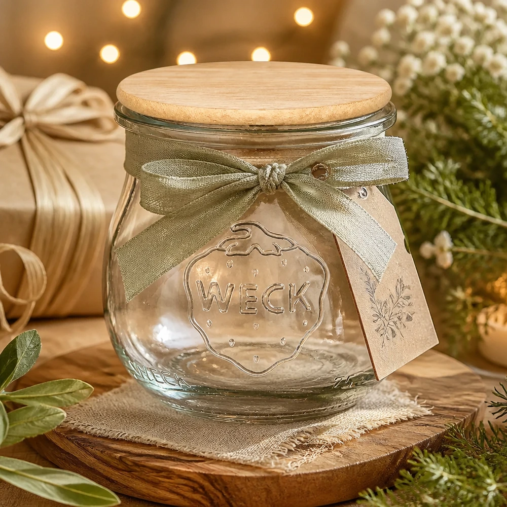 Tarro de tulipán de 75ml WECK RR40 con tapa de madera WECK Tulpenglas 75ml mit Holzdeckel als Geschenkverpackung dekoriert mit Schleife für Marmelade und Konfitüre