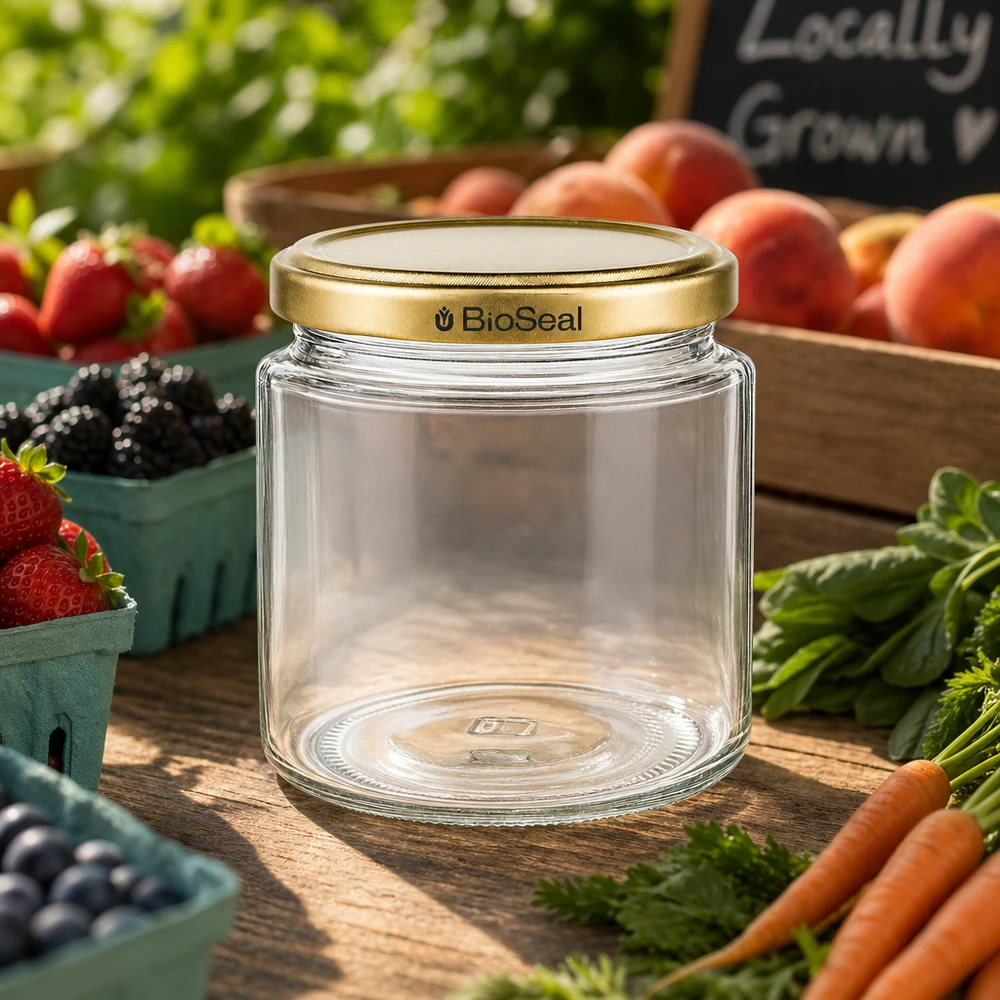 Tarro de miel BioSeal de 250 ml en un puesto del mercado con fruta y verdura fresca, tapa dorada UNiTWIST para conservar