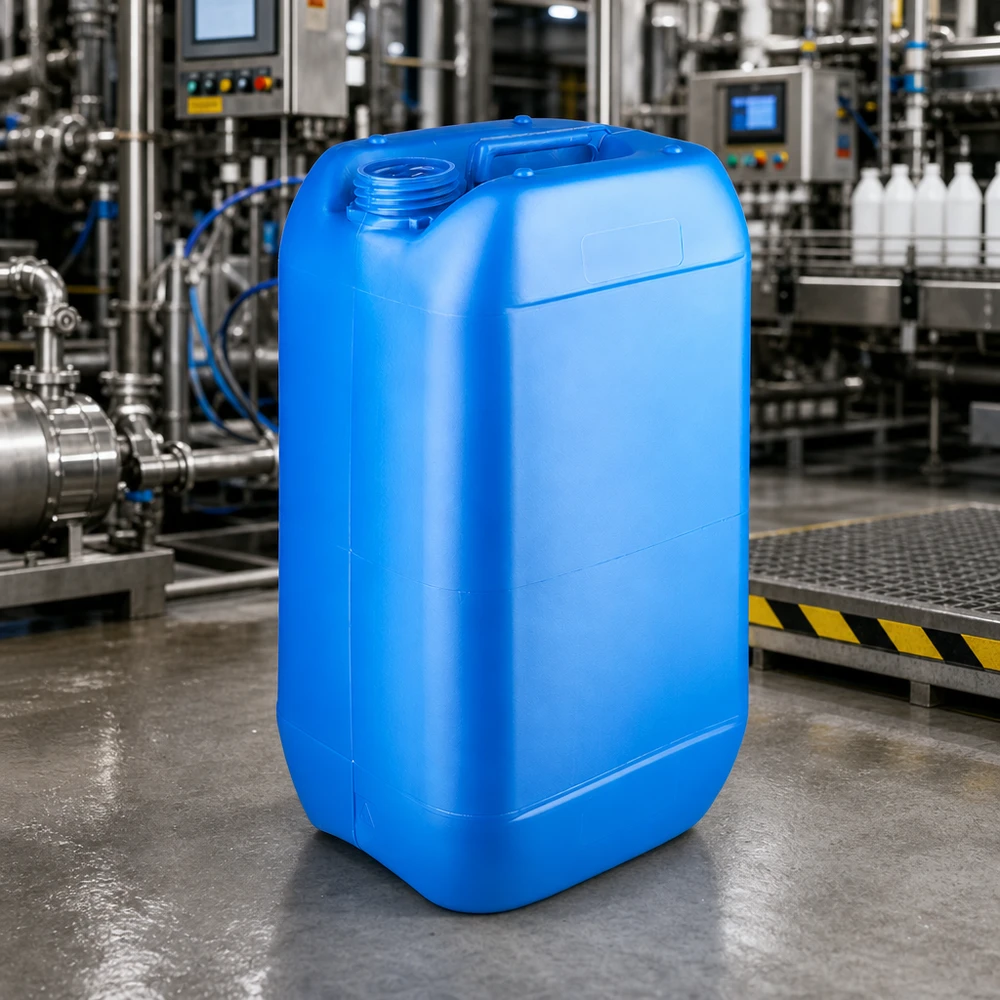 Bidón rectangular azul de 15 litros sin tapón, con asa de transporte integrada, fabricado en plástico resistente