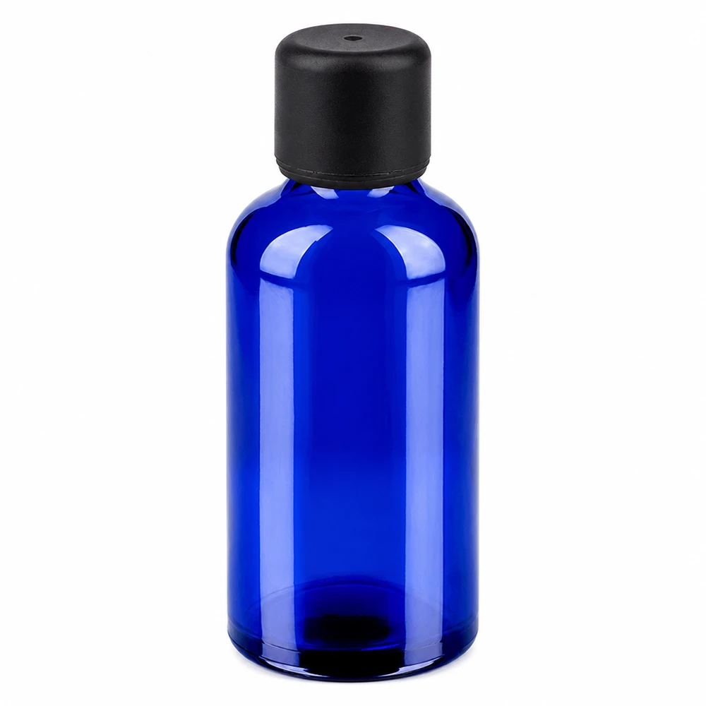 Frasco 50ml 6mm tapón rosca negro estándar BlueLine UT18/50 Frasco de cristal azul de 50 ml con tapón negro para aceites esenciales y cosméticos