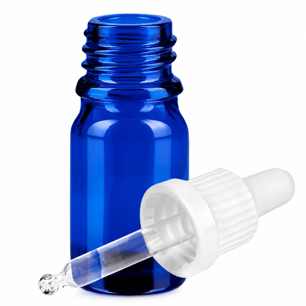 Frasco de cristal azul de 5 ml con pipeta para aceites esenciales y cosméticos