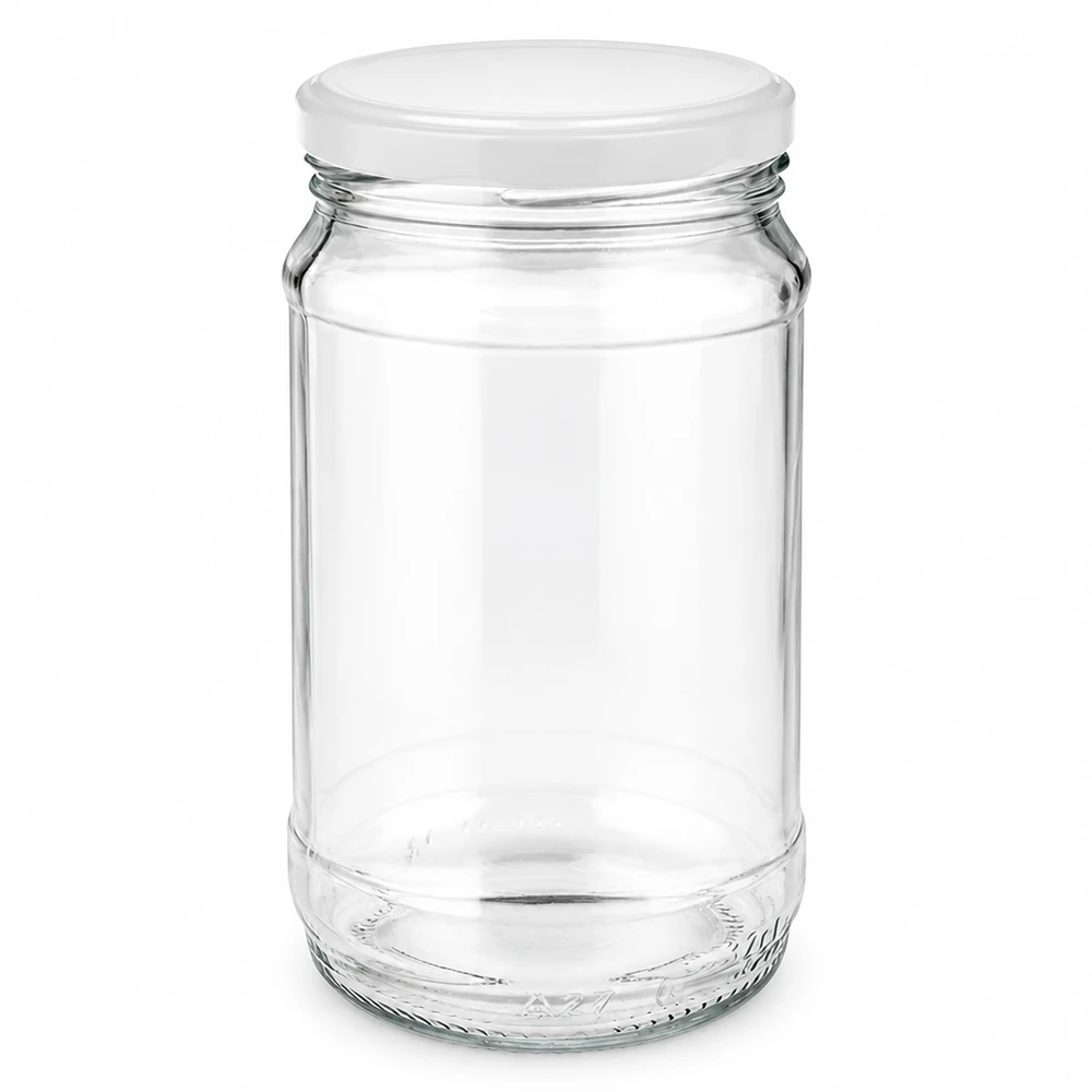 Vaso redondo de cristal de 370 ml con tapa BasicSeal blanca de UNiTWIST, vacío y transparente sobre fondo blanco