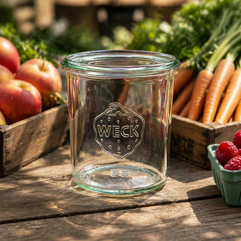 Vasos de 140 ml WECK RR60 Tarro de conserva WECK RR60 de 140 ml sobre una mesa de madera con frutas y verduras frescas al fondo