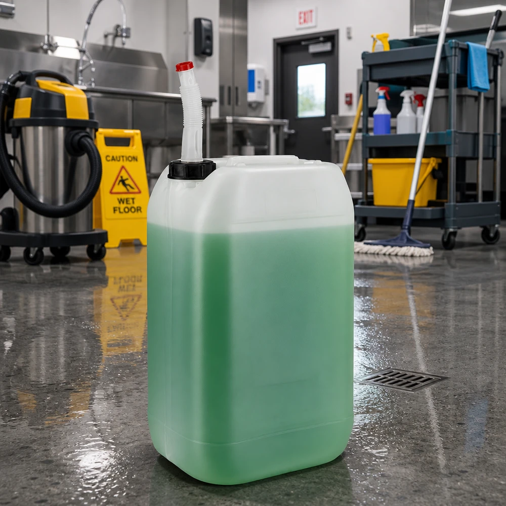Líquido de limpieza ecológico en un bidón de 15 litros con tubo de salida flexible en el suelo de la cocina