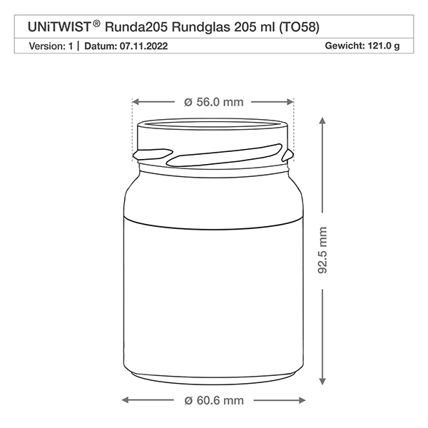 Tarro de cristal redondo de 205ml sin tapa (TO58) UNiTWIST Dibujo técnico UNiTWIST Runda205 vaso redondo 205ml TO58 con dimensiones Diámetro 56mm Altura 92.5mm Peso 121g