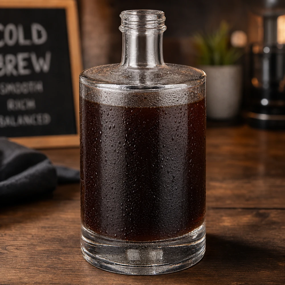 Botella de vidrio de 500 ml «Sam» sin tapón de rosca UNiTWIST® Botella de cristal de 500ml Sam llena de café cold brew condensación gotas de agua ambiente café base de madera