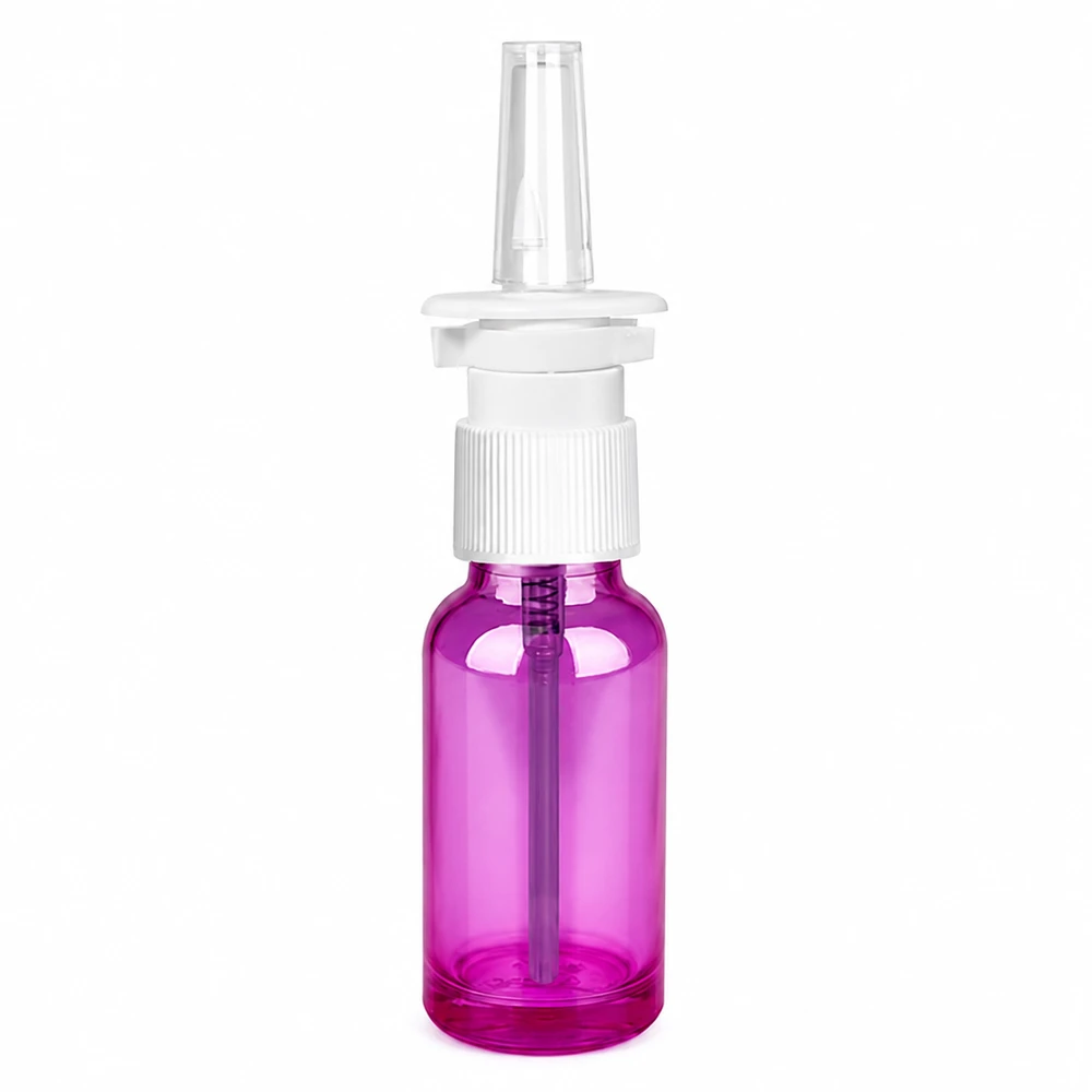 Pulverizador nasal de 20 ml con cabezal transparente de color púrpura para aplicaciones nasales